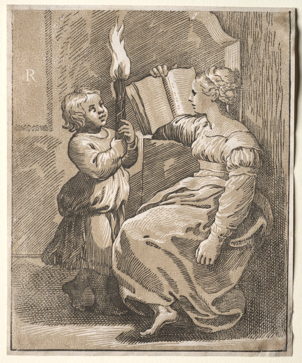 Sibylla lukemassa lapsen kanssa taskulamppua kädessään, 1518-27. tekijältä Ugo da Carpi