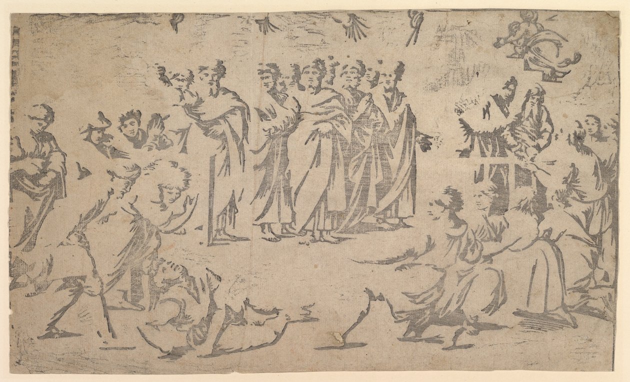 Ananiaksen kuolema apostolien ympäröimänä, 1518. tekijältä Ugo da Carpi
