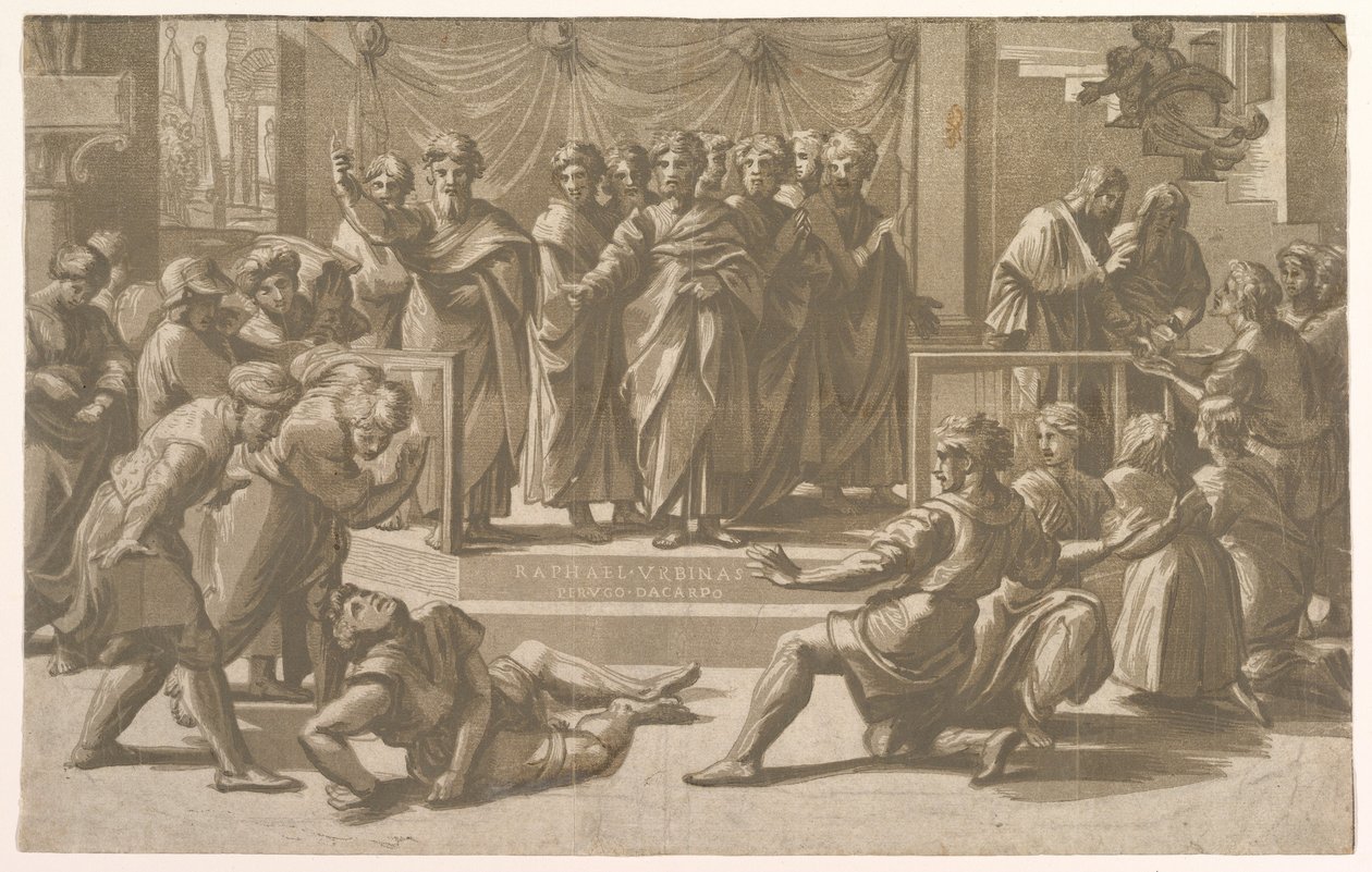 Ananiaksen kuolema apostolien ympäröimänä, 1518. tekijältä Ugo da Carpi