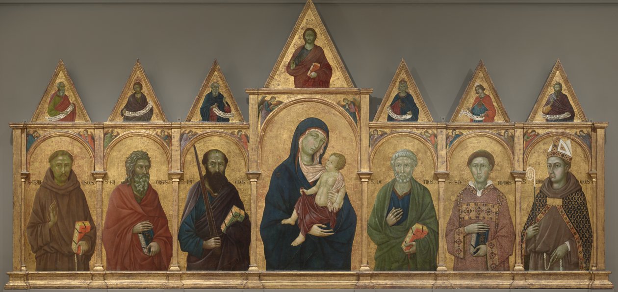 Neitsyt ja lapsi pyhien Franciscuksen, Andreaksen, Paavalin, Pietarin, Stephenin ja Ludvig Toulousen kanssa, n. 1317-21 tekijältä Ugolino di Nerio