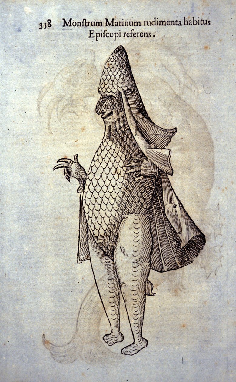 Ulisse Aldrovandin (1522-1605) merien eveque, kuvitteellinen kala ja merihirviö, "History of Monsters", Bologna 1642 tekijältä Ulisse Aldrovandi