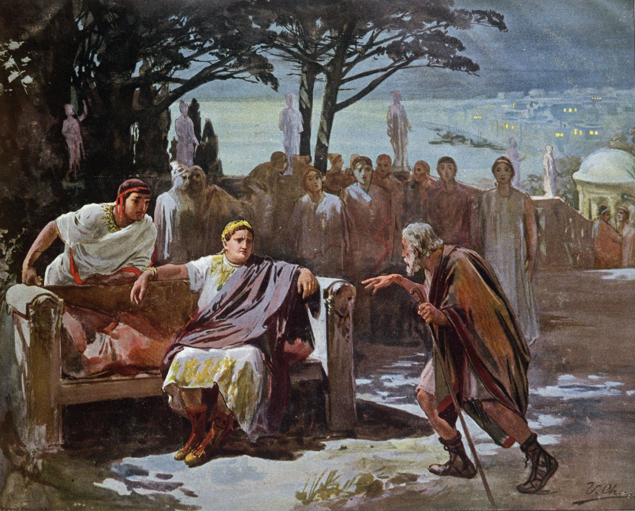 Chilon syyttää kristittyjä tulen sytyttämisestä Roomassa, kuvitus Henryk Sienkiewiczin (1846-1916) Quo Vadis -kirjasta n. 1910 tekijältä Ulpiano Checa y Sanz