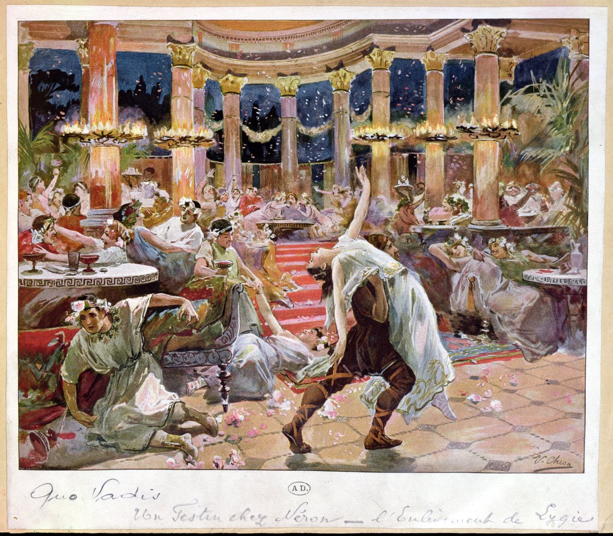 Juhla Neron palatsissa, kuvitus Henryk Sienkiewiczin (1846-1916) Quo Vadisista, n. 1910 tekijältä Ulpiano Checa y Sanz