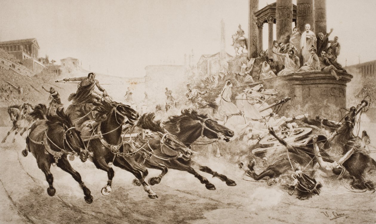 A Roman Chariot Race, kuvitus H.G. Wellsin teoksesta The Outline of History, osa I, julkaistu vuonna 1920 tekijältä Ulpiano Checa y Sanz