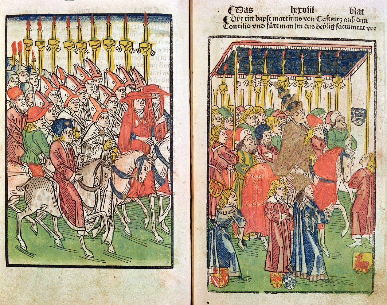 Antipaavi Johannes XXIII:n (noin 1370-1419) saapuminen Konstanzin konsiiliin vuonna 1414, 1483 (värillinen puukaiverrus). tekijältä Ulrich von Richental