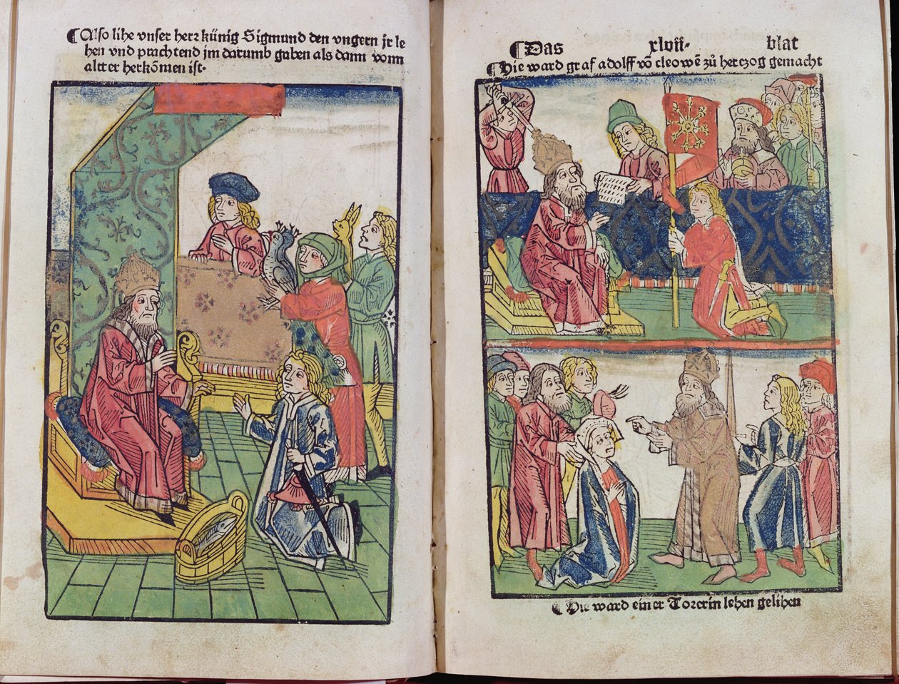 Luxemburgin keisari Sigismund (1367-1437) vastaanottaa unkarilaistensa alamaisten kunnianosoituksen 1483 (värillinen puupiirros) (katso myös 336923) tekijältä Ulrich von Richental