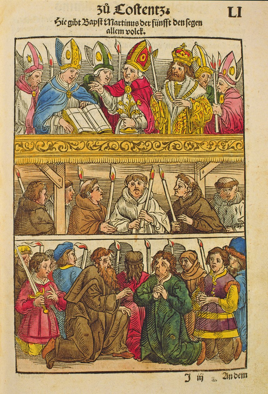 Martti V valitaan paaviksi ja siunaa ihmisiä Konstanzin kirkolliskokouksessa 1417 Chronik des Konzils von Konstanzista tekijältä Ulrich von Richental