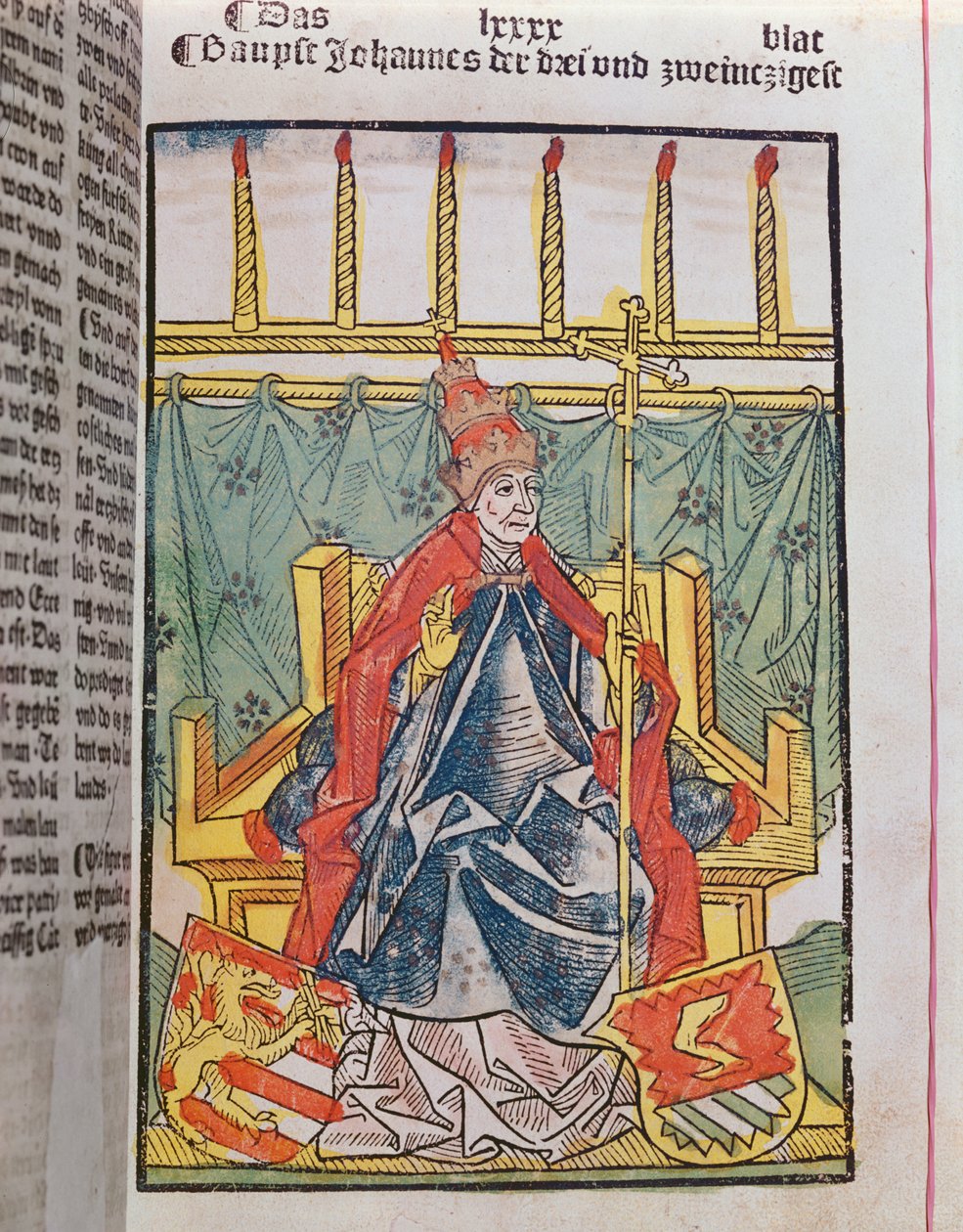 Antipaavi Johannes XXIII (n. 1370-1419) Konstanzin kirkolliskokouksessa (1414-18), 1483 (värillinen puukaiverrus) tekijältä Ulrich von Richental