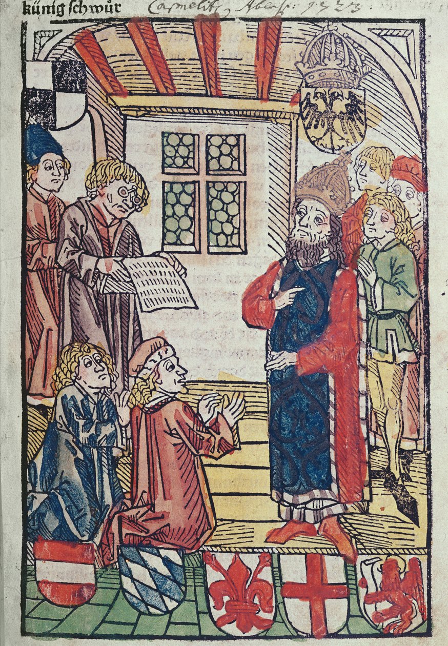 Roomalaisten kuningas Sigismund Luxemburg vastaanottaa Itävallan herttua Frederickin kunnianosoituksen 1483 (värillinen puupiirros) (katso myös 316982 ja 336923) tekijältä Ulrich von Richental