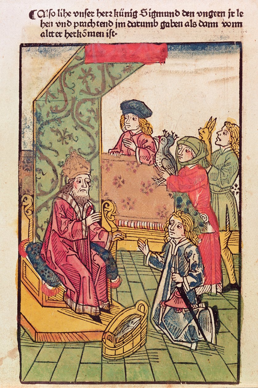 Luxemburgin keisari Sigismund (1367-1437) vastaanottaa unkarilaisten alamaistensa kunnianosoituksen 1483 (värillinen puupiirros) (katso myös 316982) tekijältä Ulrich von Richental