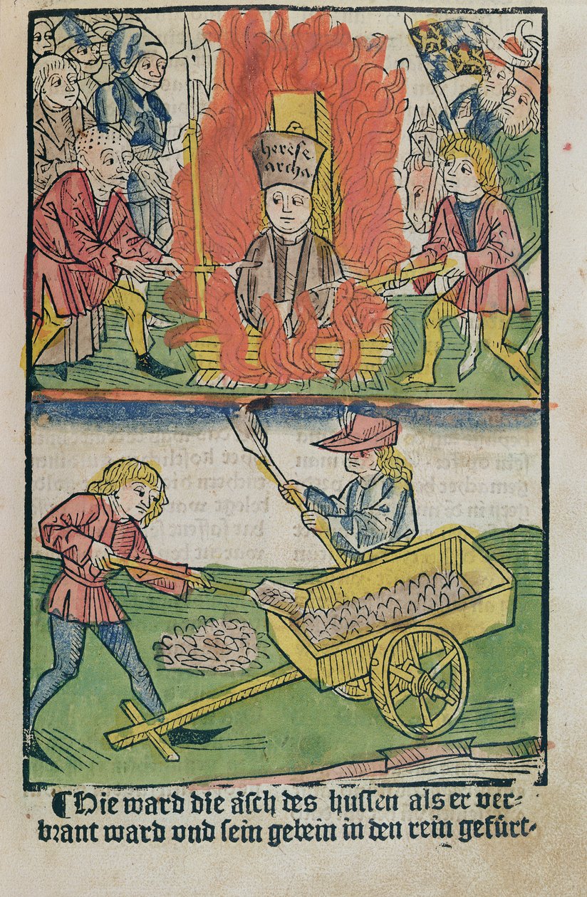 Jan Hus poltettiin roviolla Konstanzin kirkolliskokouksessa, "History of the Constance of the Constance", julkaistu 1483 tekijältä Ulrich von Richental