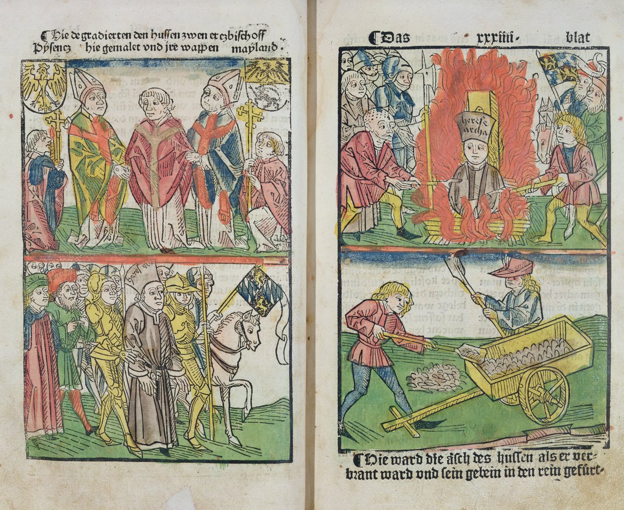 Jan Hus poltettiin roviolla Konstanzin kirkolliskokouksessa, "History of the Constance of the Constance", julkaistu 1483 tekijältä Ulrich von Richental