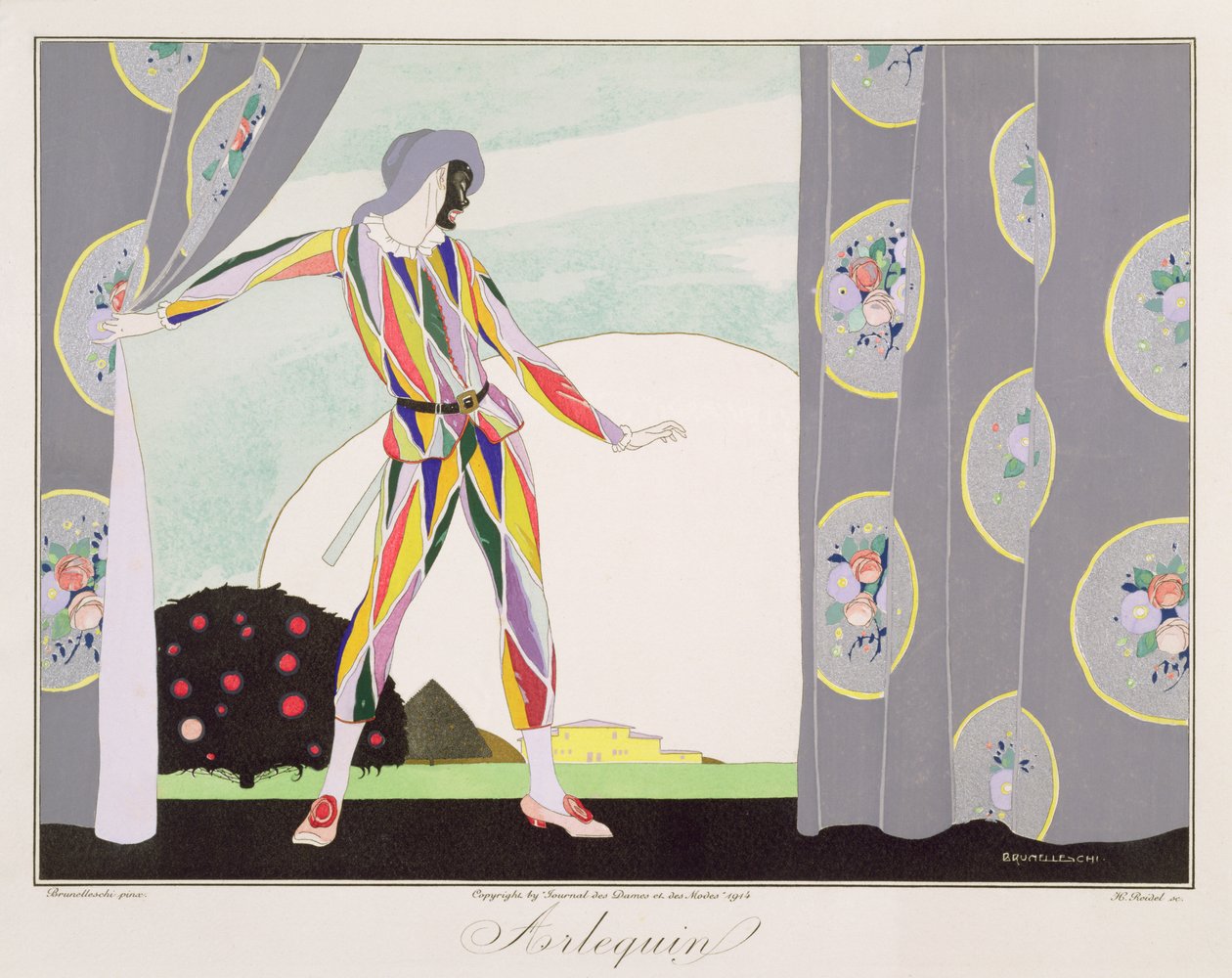 Arlequin, Le Journal des Dames et des Modesin "Italian teatterin naamiot ja hahmot" -painoksesta, kaivertanut Henri Reidel (fl. 1914-20) 1914 (väri litho) tekijältä Umberto (after) Brunelleschi