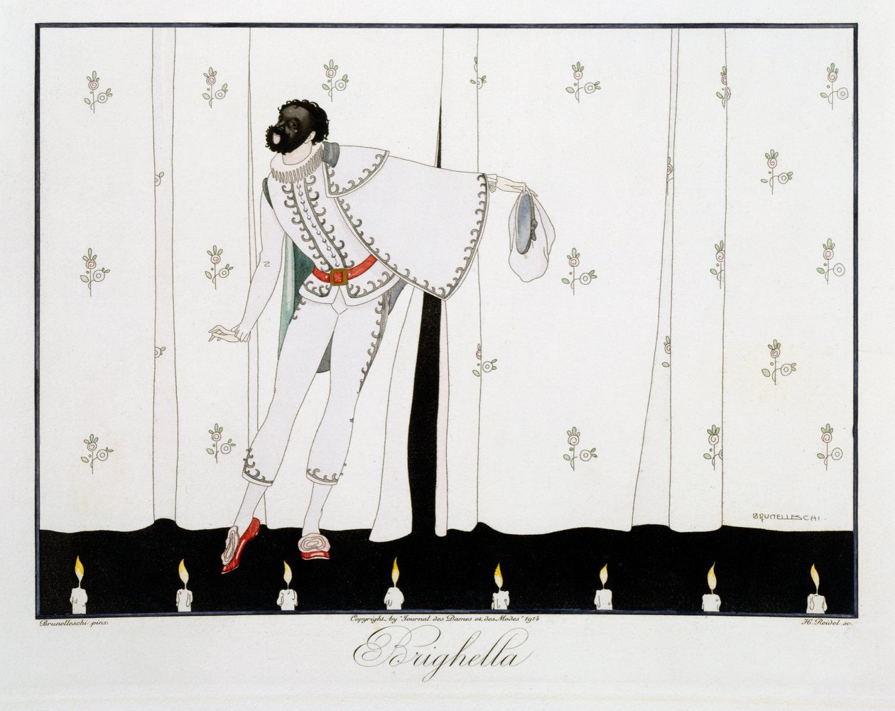Brighella, Le Journal des Dames et des Modesin "Italian teatterin naamiot ja hahmot" -painoksesta, kaiverrus Henri Reidel (fl.1914-20) 1914 (värilitho) tekijältä Umberto (after) Brunelleschi