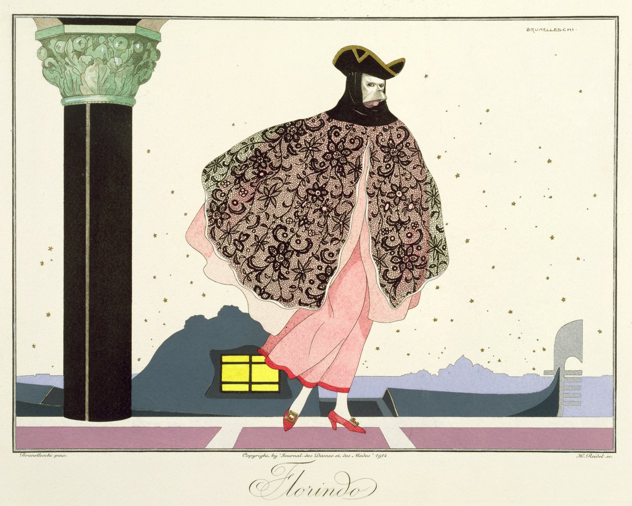Florindo, Le Journal des Dames et des Modesin "Italian teatterin naamiot ja hahmot" -painoksesta, kaiverrus Henri Reidel (fl1914-20) 1914 (värilitho) tekijältä Umberto (after) Brunelleschi