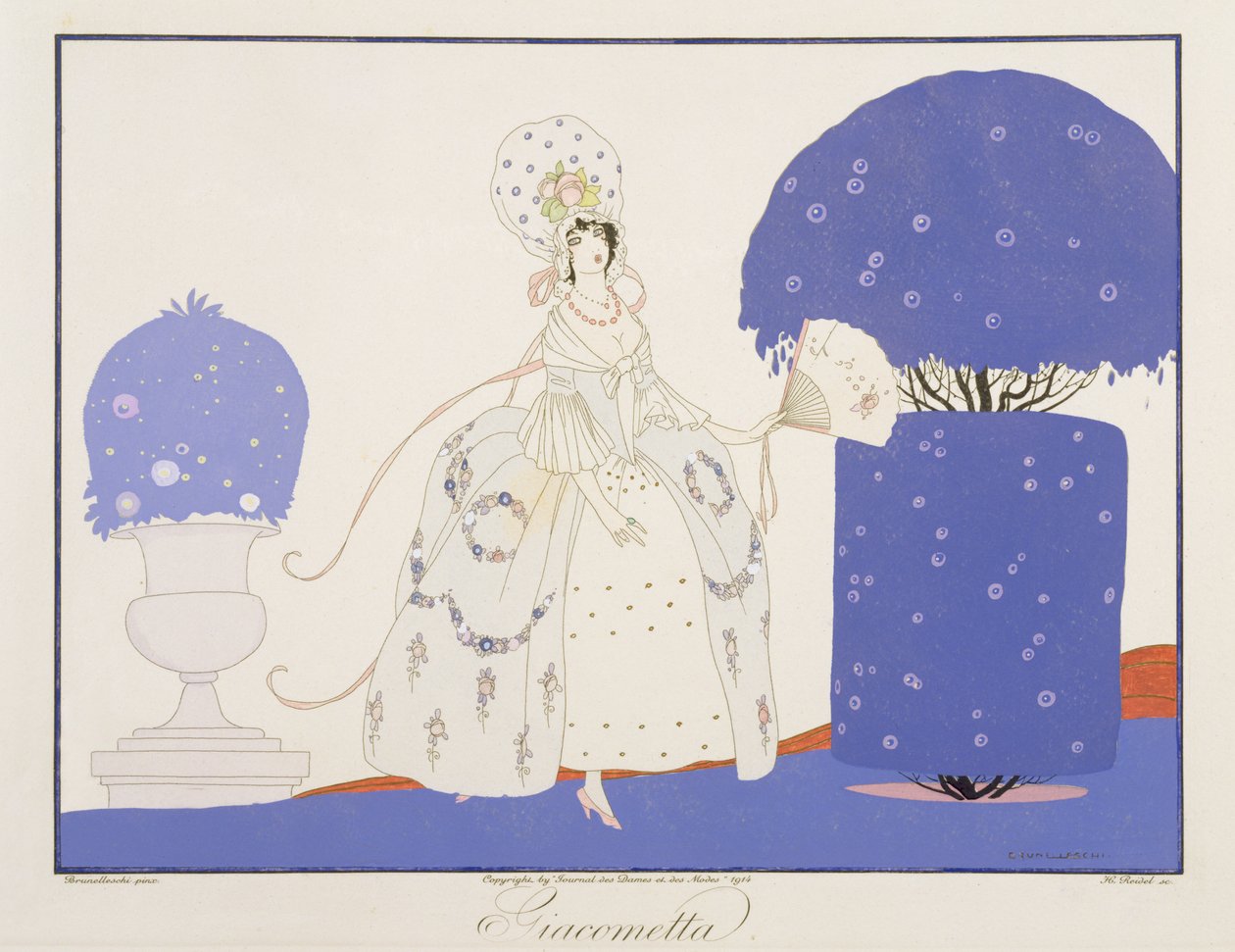 Giacometta, Le Journal des Dames et des Modesin "Italian teatterin naamiot ja hahmot" -painoksesta, kaiverrus Henri Reidel (fl.1914-20) 1914 (väri litho) tekijältä Umberto (after) Brunelleschi