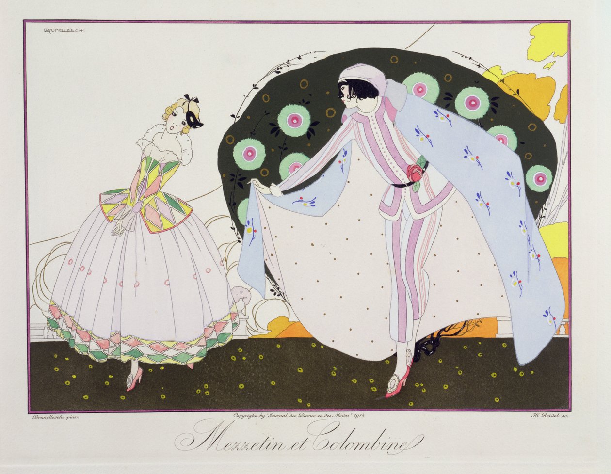 Mezzetin ja Colombine, Le Journal des Dames et des Modesin naamiot ja hahmot -julkaisusta, kaiverrus Henri Reidel (fl. 1914-20) 1914 (värilitho) tekijältä Umberto (after) Brunelleschi