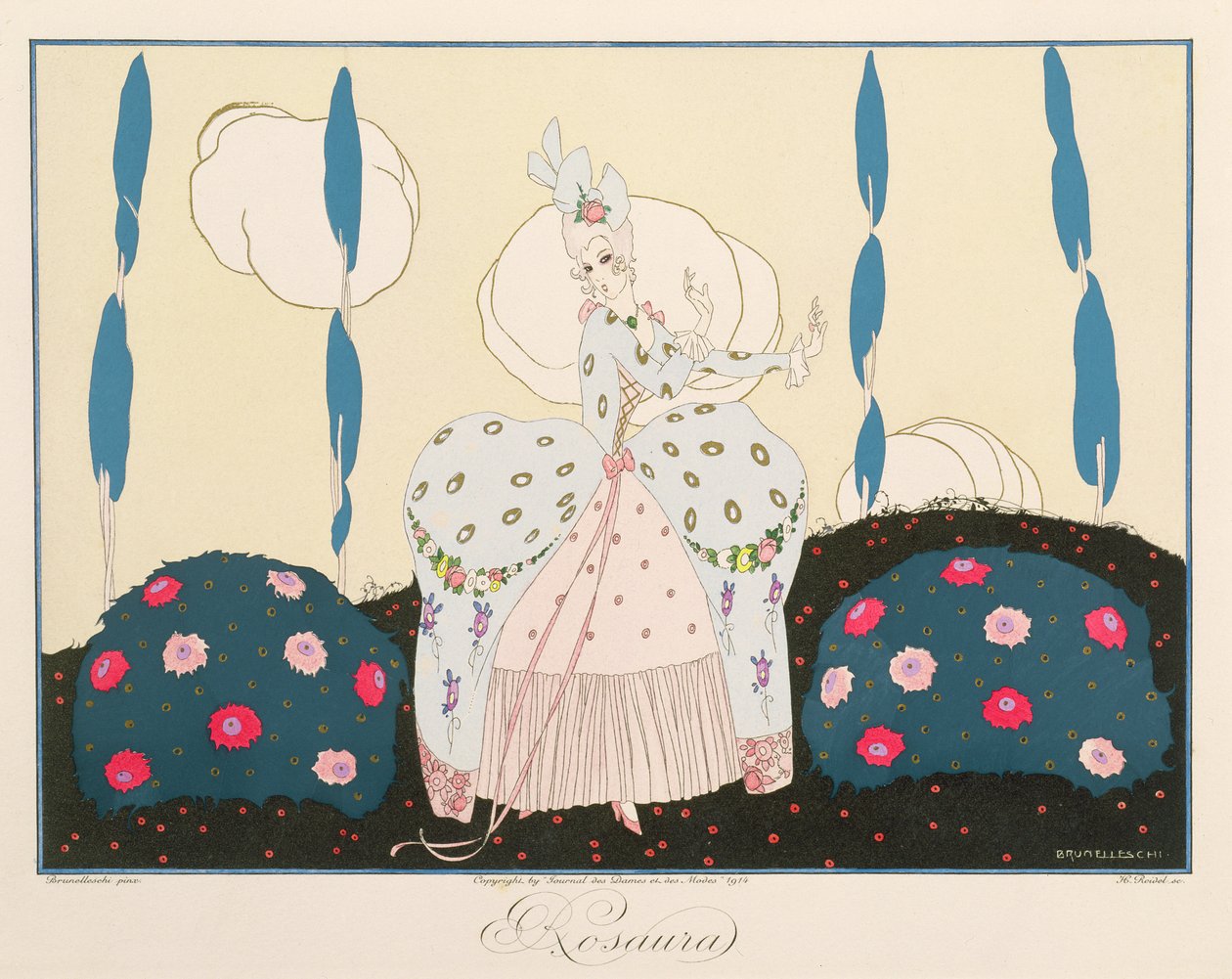 Rosaura, Le Journal des Dames et des Modesin "Italian teatterin naamiot ja hahmot" -painoksesta, kaiverrus Henri Reidel (fl. 1914-20) 1914 (värilitho) tekijältä Umberto (after) Brunelleschi