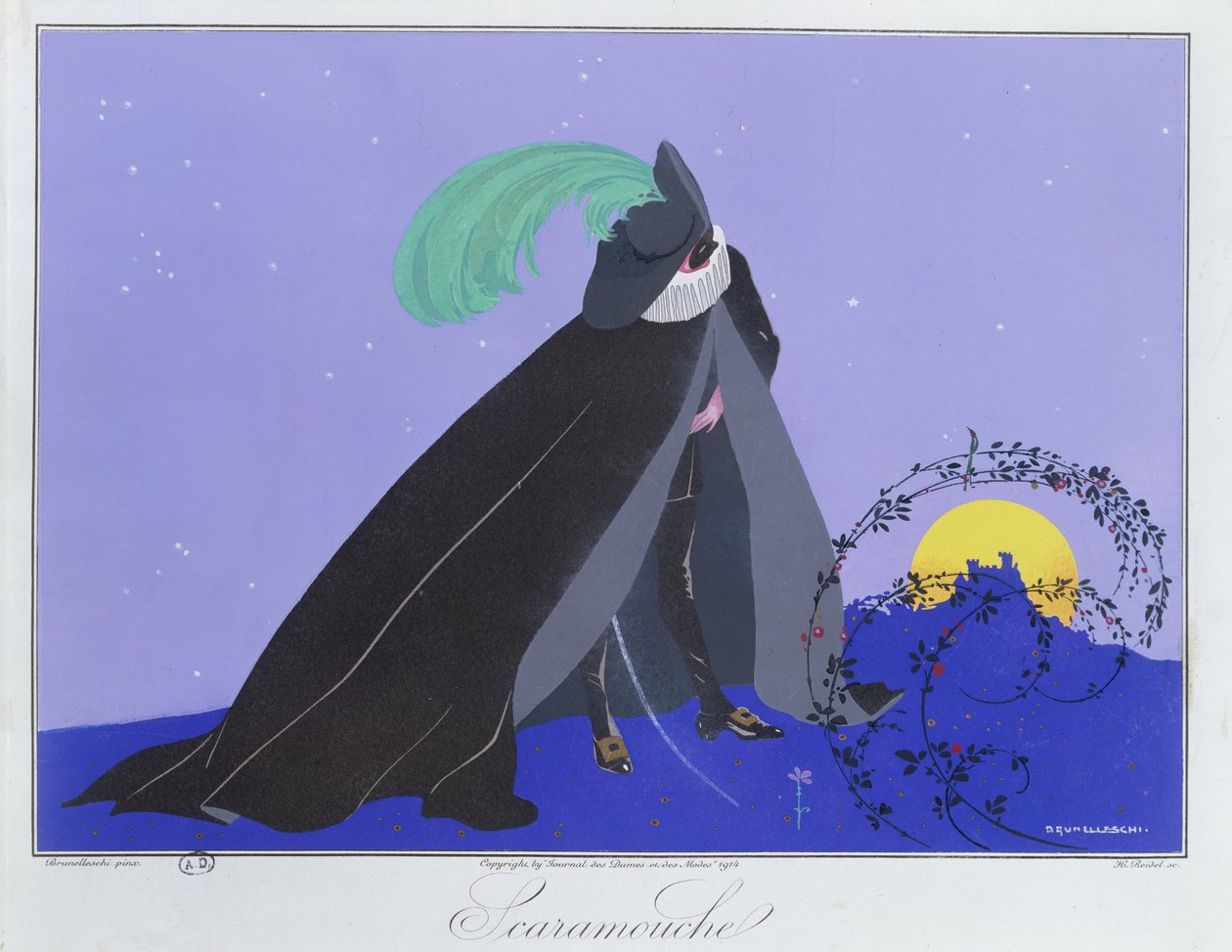Scaramouche, "Italian teatterin naamiot ja hahmot" -julkaisusta "Le Journal des Dames et des Modes", kaiverrettu Henri Reidel (fl.1914-20) 1914 (väri litho) tekijältä Umberto (after) Brunelleschi