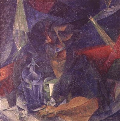 Pöydän ääressä istuvan naisen hahmon koostumus tekijältä Umberto Boccioni