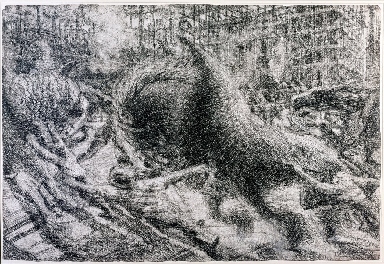 Futurismi: "" La citta che dirty"" (Nouseva kaupunki). Umberto Boccionin (1882-1916) piirustus kartongille tekijältä Umberto Boccioni