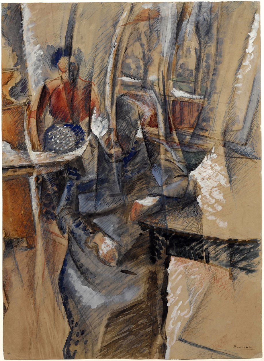 Sisustus kahdella naishahmolla par Boccioni, Umberto (1882-1916). Akvarelli ja tempera paperille, koko: 65,4x47,5 tekijältä Umberto Boccioni