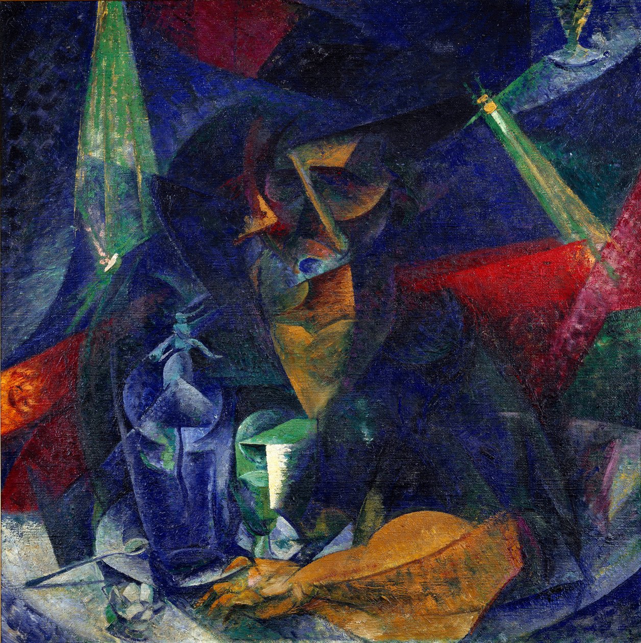Nainen kahvilassa tai "" Valojen ja suunnitelmien kompensointi "" (Donna al caffe - Valojen ja suunnitelmien vuorovaikutus) Umberto Boccionin (1882-1916) maalaus n. 1912 Mitat 86x86 cm Milano, Museo del Novecento tekijältä Umberto Boccioni