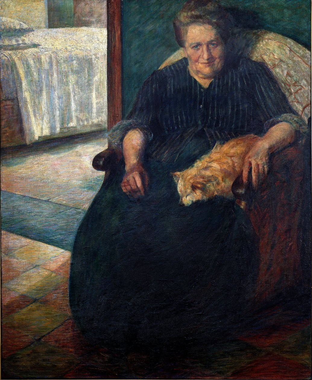 Madame Virginie (La signora Virginia) Muotokuva lihaksikkaasta naisesta istumassa, kissa polvillaan. Umberto Boccionin (1882-1916) maalaus 1905 Su. 140x115,5 cm Milano, Museo del Novecento tekijältä Umberto Boccioni