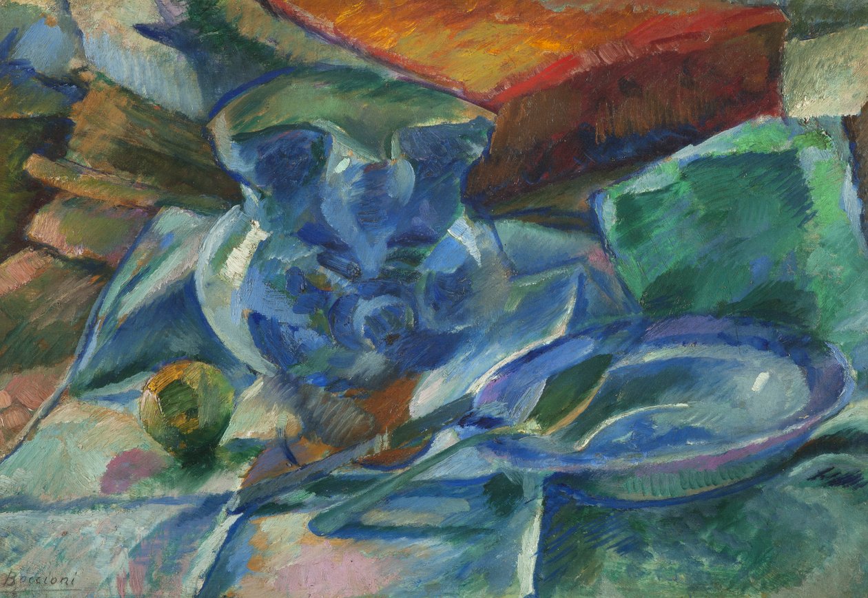 Tyyni elämä keramiikkaa, ruokailuvälineitä ja hedelmiä, 1915 tekijältä Umberto Boccioni