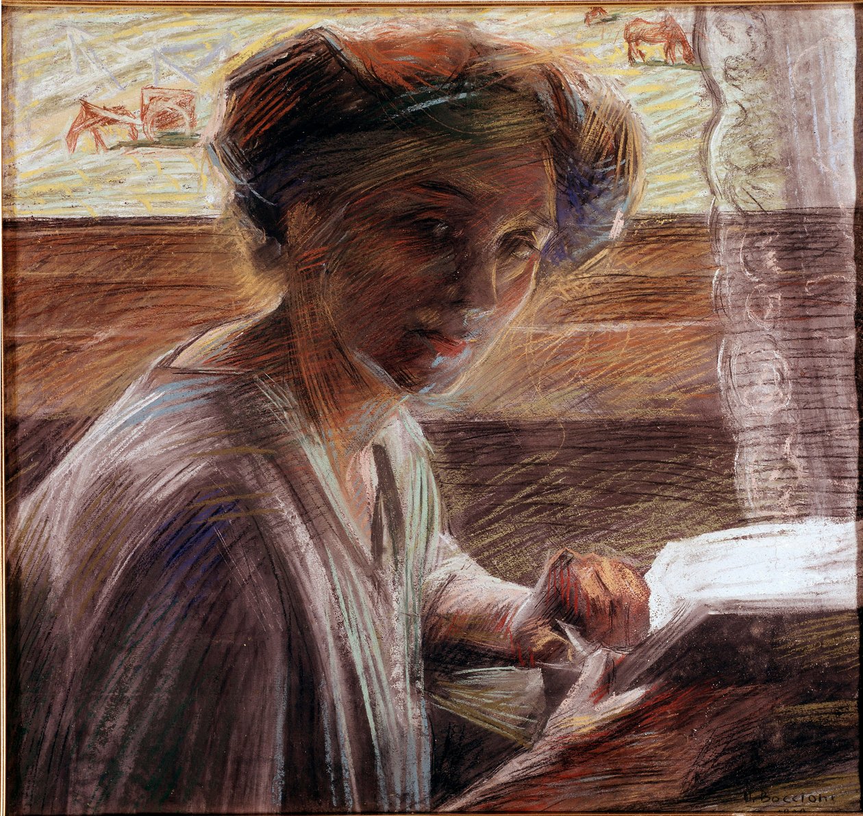Taiteilijan sisaren muotokuva, joka lukee Umberto Boccionin pastellimaalausta (1882-1916) 1908 Su. 54x58 cm Venetsia, Galleria d