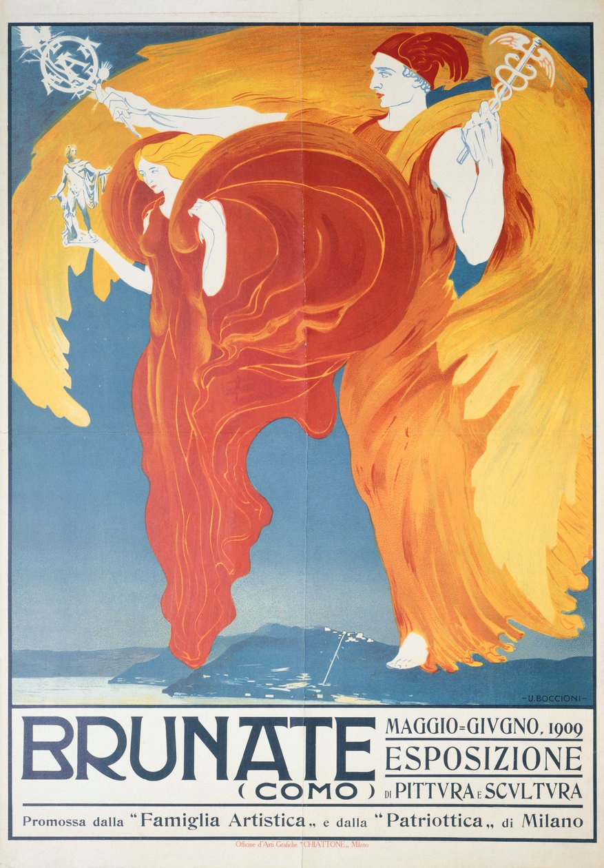 Juliste Umberto Boccionin (1882-1916) maalaus- ja veistosnäyttelyyn Brunate, kromolitografi, 70x50 cm tekijältä Umberto Boccioni