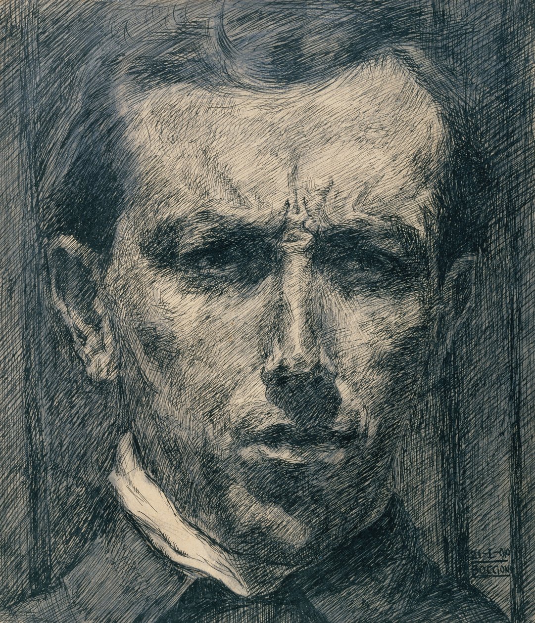 Omakuva, 1910 (muste, tussi ja grafiitti paperille) tekijältä Umberto Boccioni