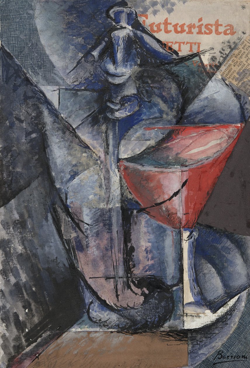 Asetelma: Lasi ja sifoni, n. 1914 (kollaasi, guassi, kynä ja muste) tekijältä Umberto Boccioni