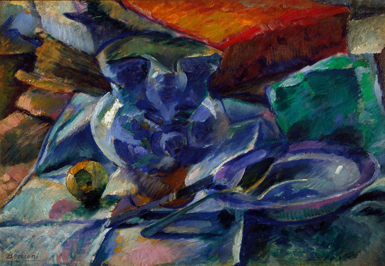 Umberto Boccionin (1882-1916) asetelma kannun, kulhon ja ruokailuvälineiden kanssa 1916 Dim. 35x50 cm Milano, Civico Museo d