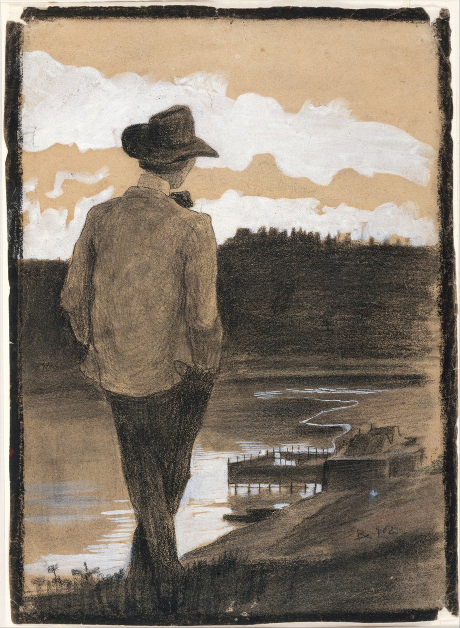 Nuori mies joenrannalla (etupuoli); tutkielma wagnerilaisesta kohtauksesta (kääntöpuoli) tekijältä Umberto Boccioni