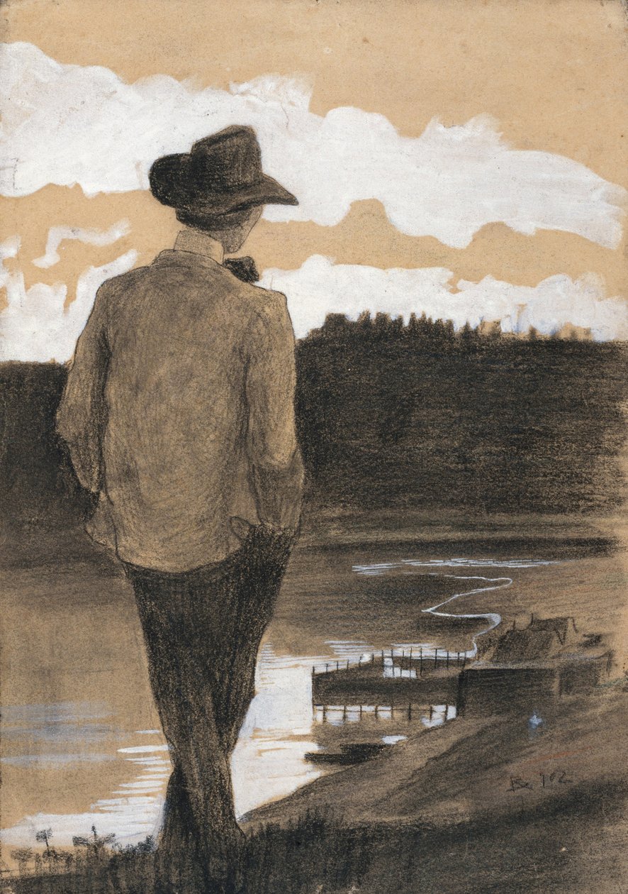 Nuori mies jokirannalla, 1902 (guassi, hiili ja pastelli paperille). tekijältä Umberto Boccioni