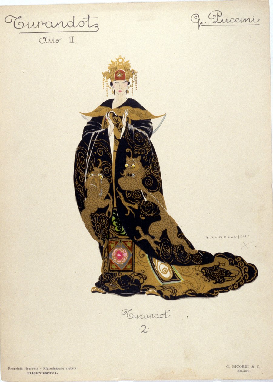 Puku prinsessa Turandotin hahmolle säveltäjä Giacomo Puccinin (1858-1924) oopperassa "Turandot" - 1926 tekijältä Umberto Brunelleschi