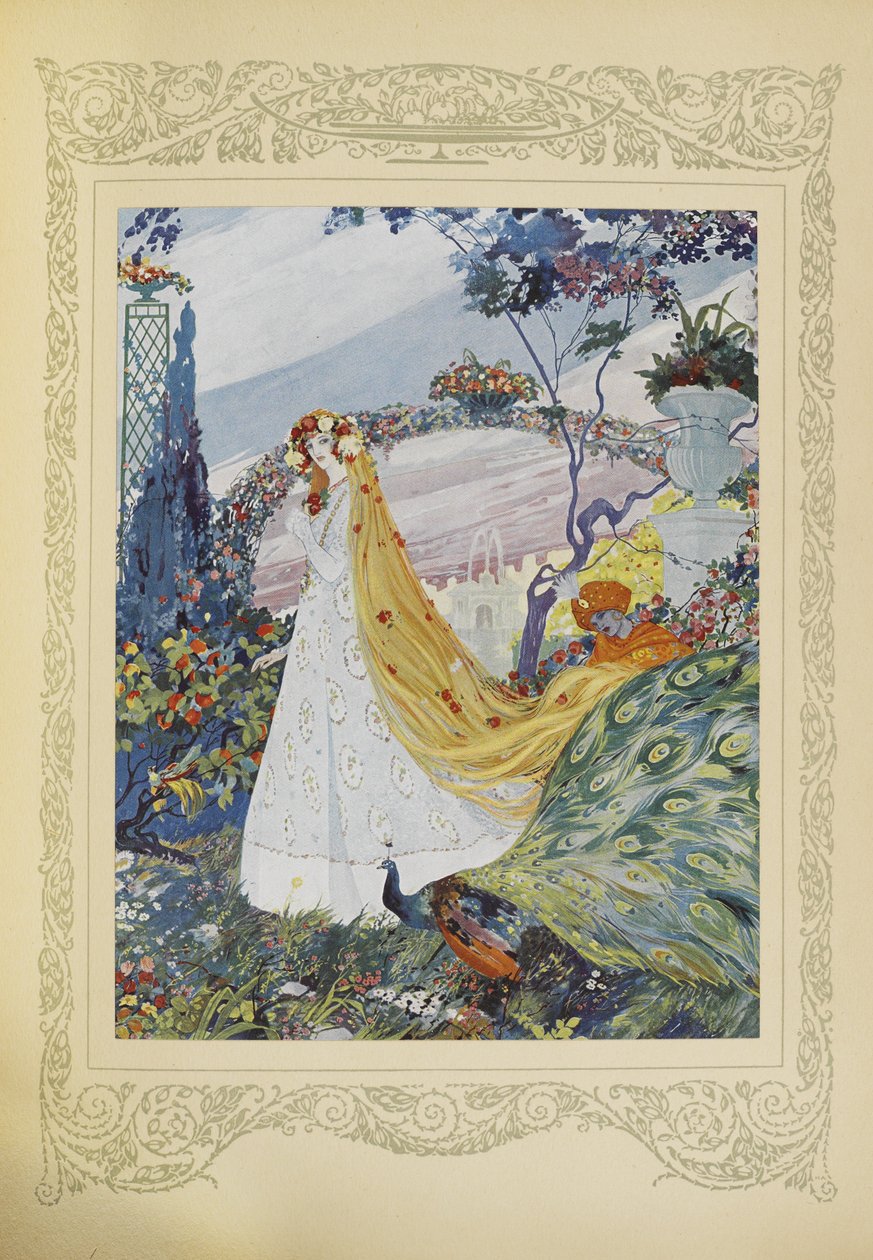 Hän peitti aina kiharat hiuksensa kukkakruunulla päässään, kuvitus teoksesta "Contes du Temps Jadis" tai "Tales from Times Past", s. 10 tekijältä Umberto Brunelleschi