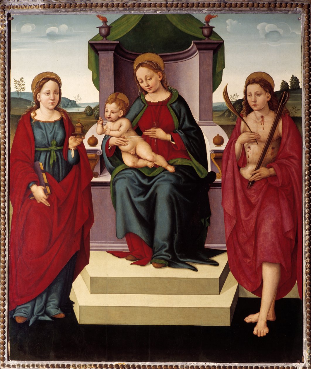 Madonna valtaistuimella Pyhän Magdalenan ja Sebastianin välillä (öljy kankaalle tekijältä Umbrian School