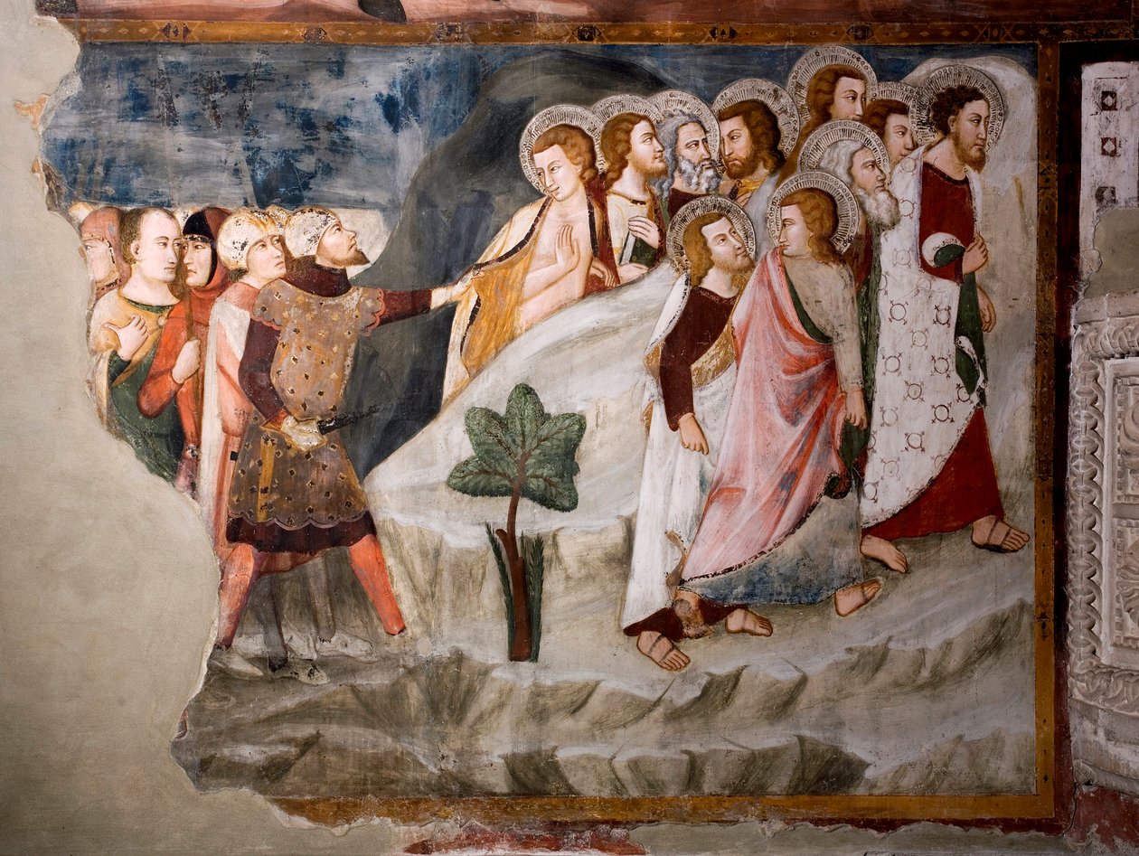 Pako apostoleilta. Yksityiskohta. Umbrian koulukunnan fresko 1400-luvulta. Ylempi kirkko. Pyhän Benedetton luostari (Sacro Speco), Subiaco (Rooma), Italia tekijältä Umbrian School