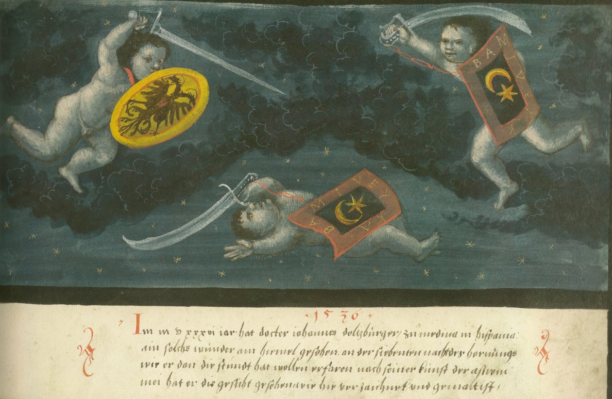 Augsburger Wunderzeichenbuch - Folio 134 Himmelsschlacht dreier Kinder 1536 tekijältä Unbekannt Unbekannt