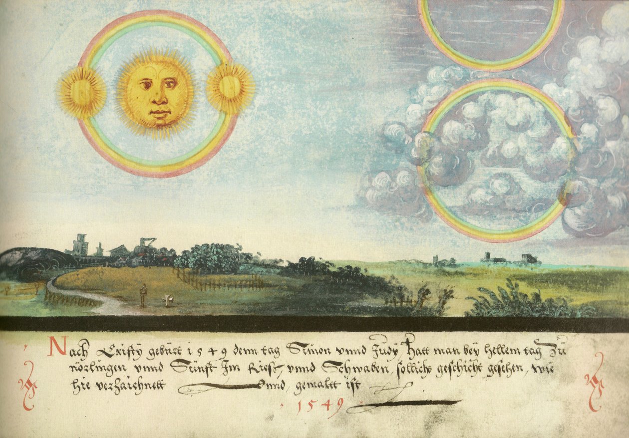 Augsburger Wunderzeichenbuch - Folio 165: Fünf Sonnen über Leipzig 1551 tekijältä Unbekannt Unbekannt