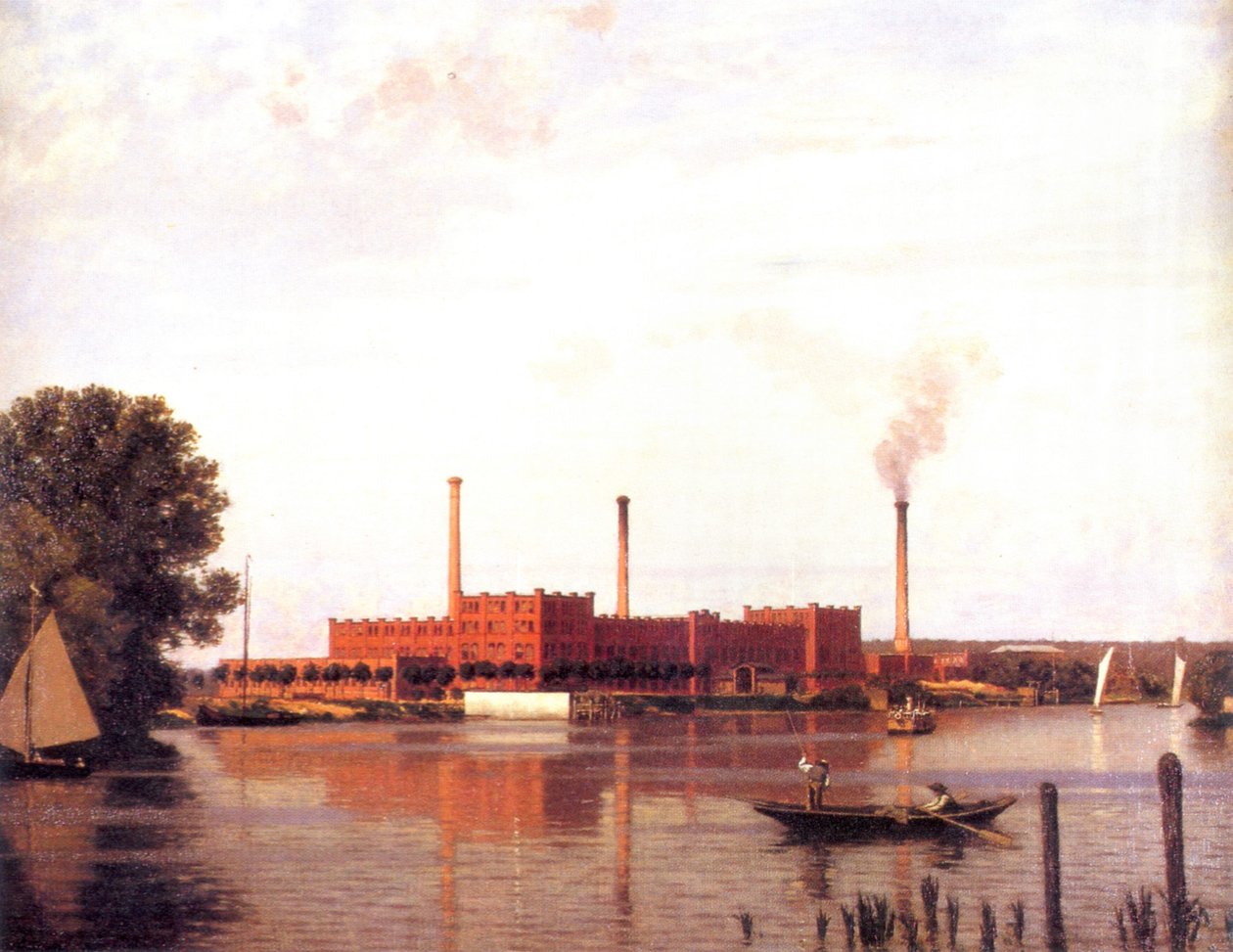 Berliini - Pesula- ja värjäysyhtiö Spindler Spree -joen rannalla Köpenickin lähellä, tuntemattoman taiteilijan maalaus 1881 tekijältä Unbekannt Unbekannt