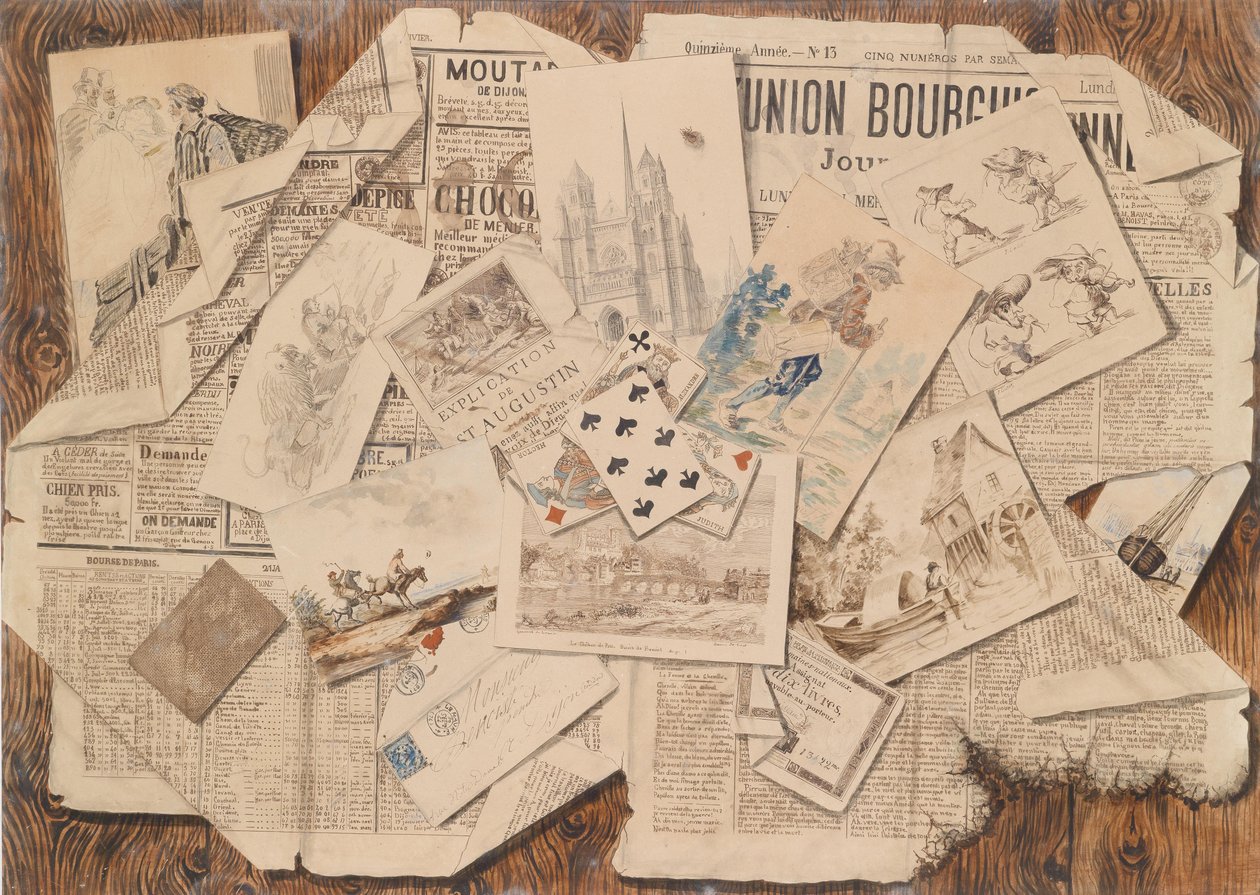 Collage mit Aquarellen, Spielkarten, Graphiken und Zeitungspapier vor einer Holzwand tekijältä Unbekannt Unbekannt