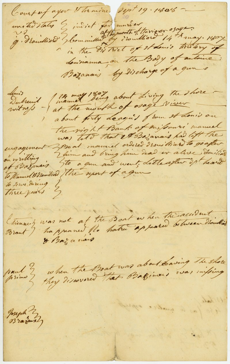 Drouillardia syytettiin Antoine Bazanaisin murhasta [Antoine Bissonet] Osage -joen suulla 14. toukokuuta 1807 tekijältä Unbekannt Unbekannt