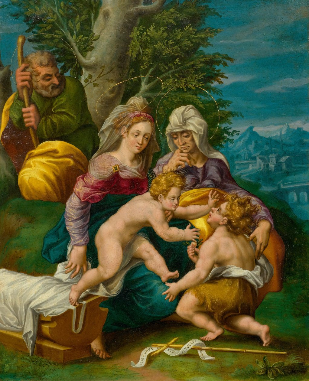 Heilige Familie mit Elisabeth und dem jungen heilihen Johannes der Täufer in einer Landschaft tekijältä Unbekannt Unbekannt