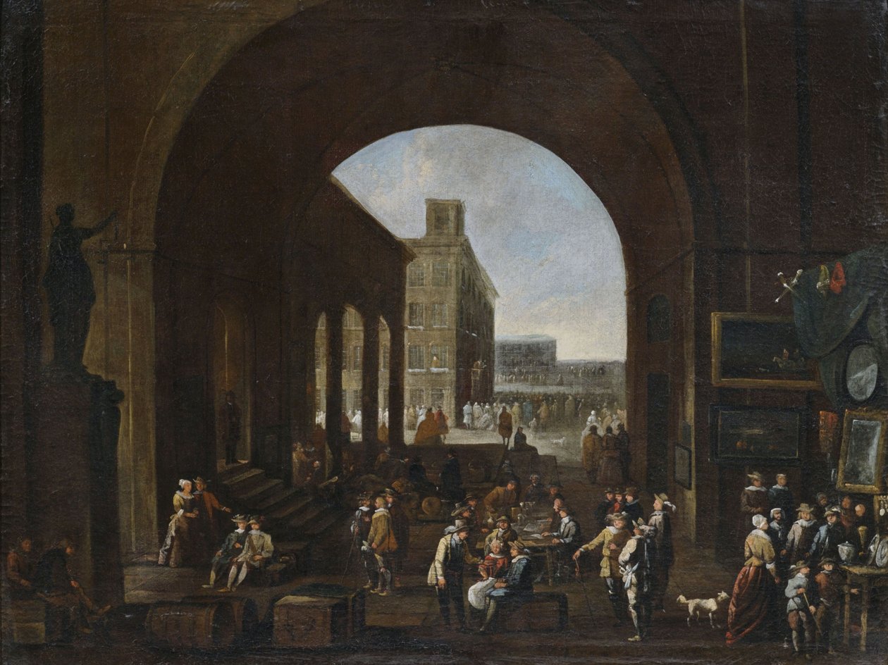 Kunstmarkt unter einem großen Torbogen mit Ausblick auf eine vielbevölkerte italienische Platzanlage tekijältä Unbekannt Unbekannt