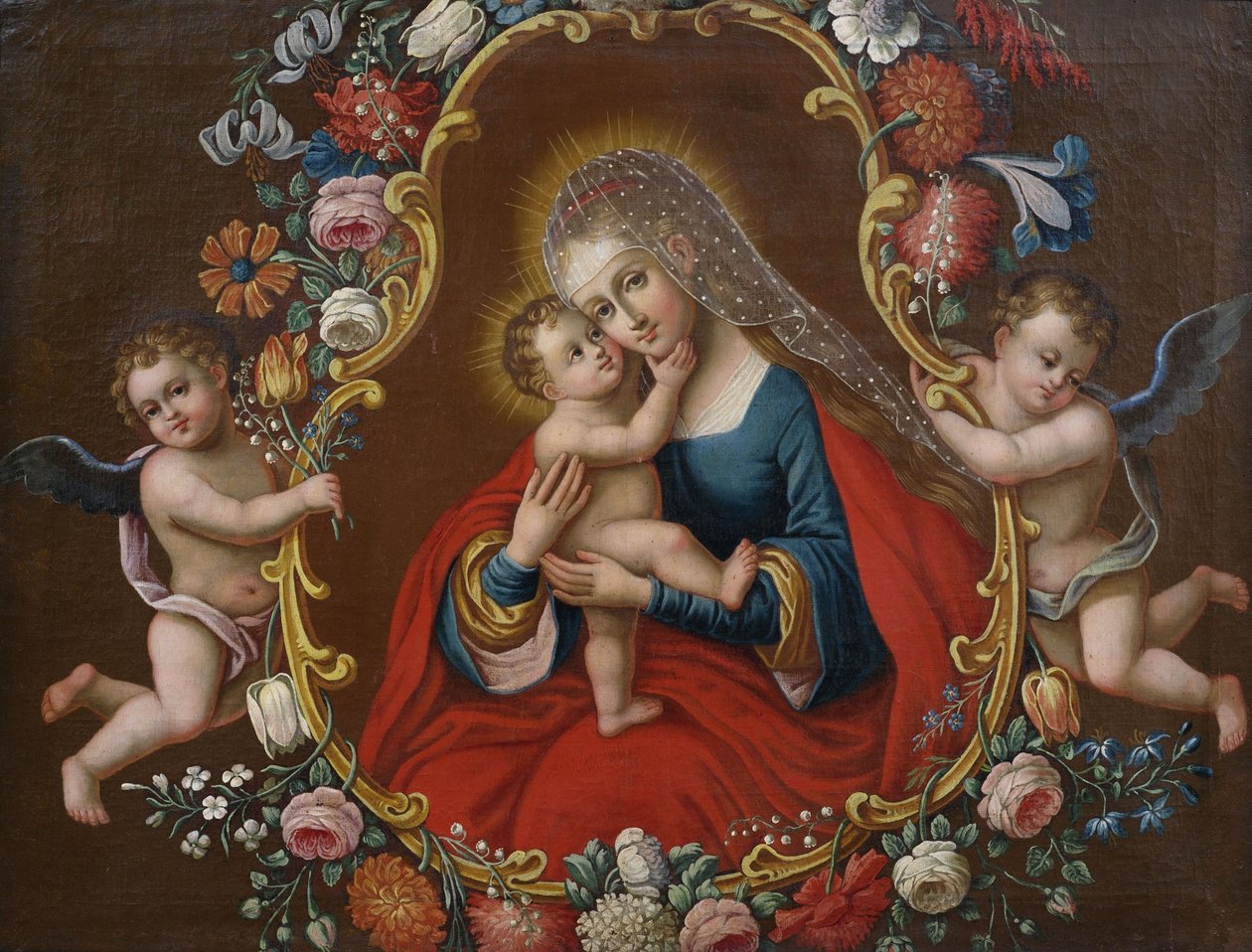 Maria mit dem Kind (Typus Maria Hilf nach Cranach), umrahmt von einer Blumengirlande die von Engeln getragen wird tekijältä Unbekannt Unbekannt