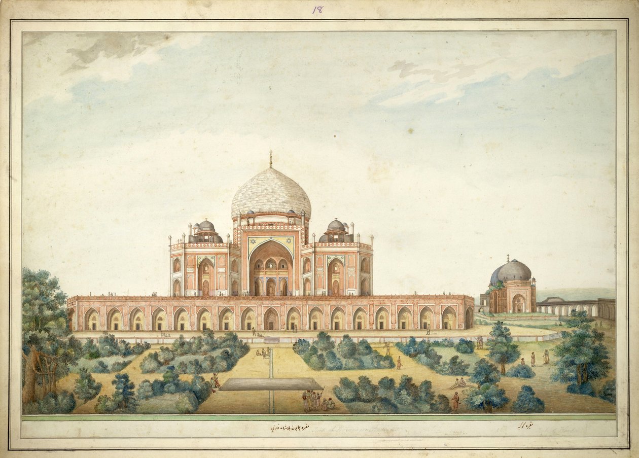 Humayunin mausoleumi, Delhi, vuonna 1820. Agra -tyylinen vesiväri Delhin taiteilijalta. tekijältä Unbekannt Unbekannt