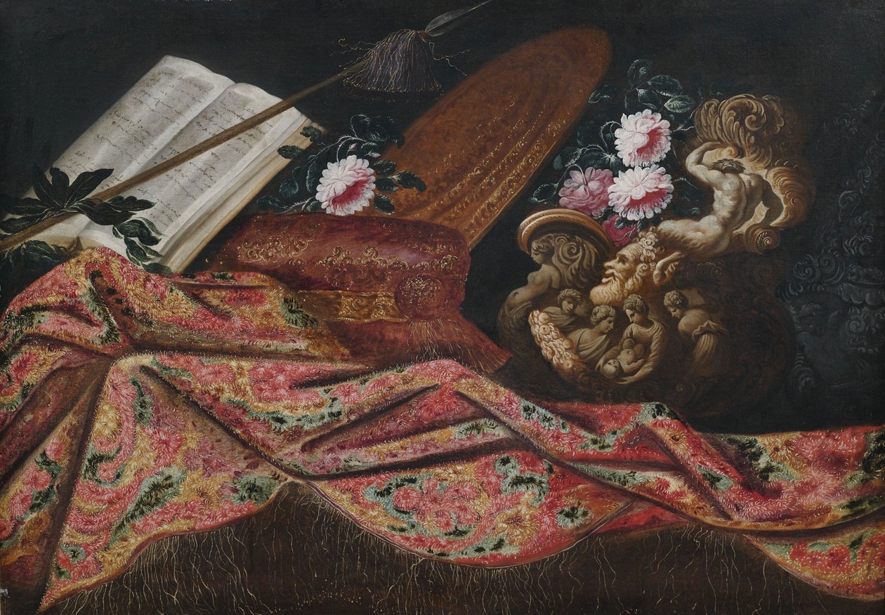 Stilleben mit Prunkvase und Teppichdraperie, links ein aufgeschlagenes Buch mit Lorbeerkranz als Allegorie der Dichtkunst. tekijältä Unbekannt Unbekannt